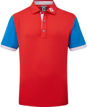 Footjoy Colour Block Pique Junior Poloshirt - Bright Red With Cobalt & White - Str. L